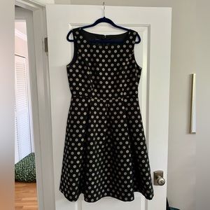 Talbots Womens sleeveless party midi dress black & gold polka dots size 12